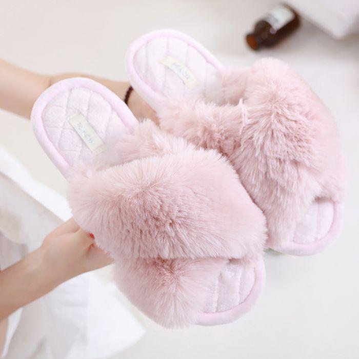 Pink Fluffy Criss Cross Slippers The Fine Girl Boutique