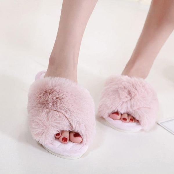 Pink Fluffy Criss Cross Slippers The Fine Girl Boutique